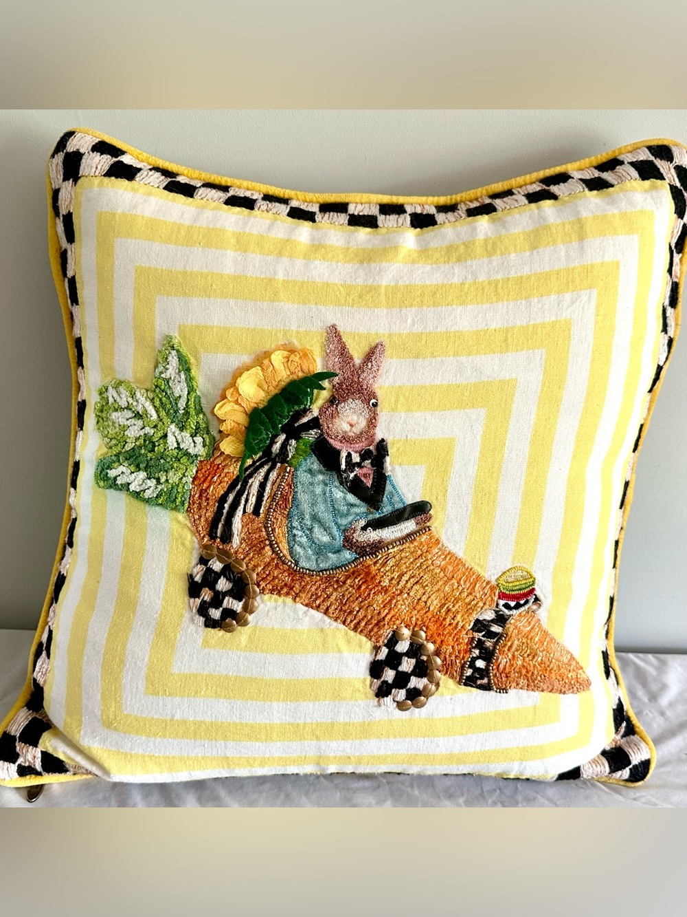 MacKenzie-Childs Captain Carrot Pillow 20” x 20” Bunny Carrot Accent Cushion
